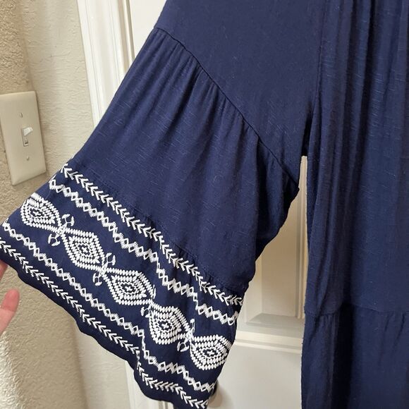 RXB Embroidered Peasant Top Womens Size L Boho Blouse Navy Blue Rayon Knit Soft - Picture 4 of 8